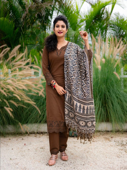 ICF Women Brown Khadi Cotton Suit Set with Embroidery & Digital Print Dupatta