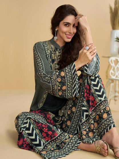 YNF Crepe Silk Suit Set | Printed Top Palazzo | Hand Aari Gota Patti Work