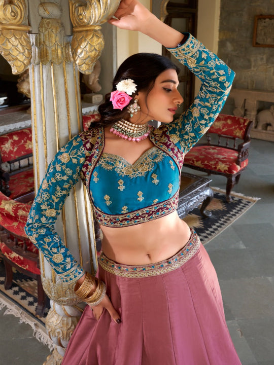 ES Designer Moonga Silk Lehenga Choli Dupatta with Sequins and Thread Embroidery Work