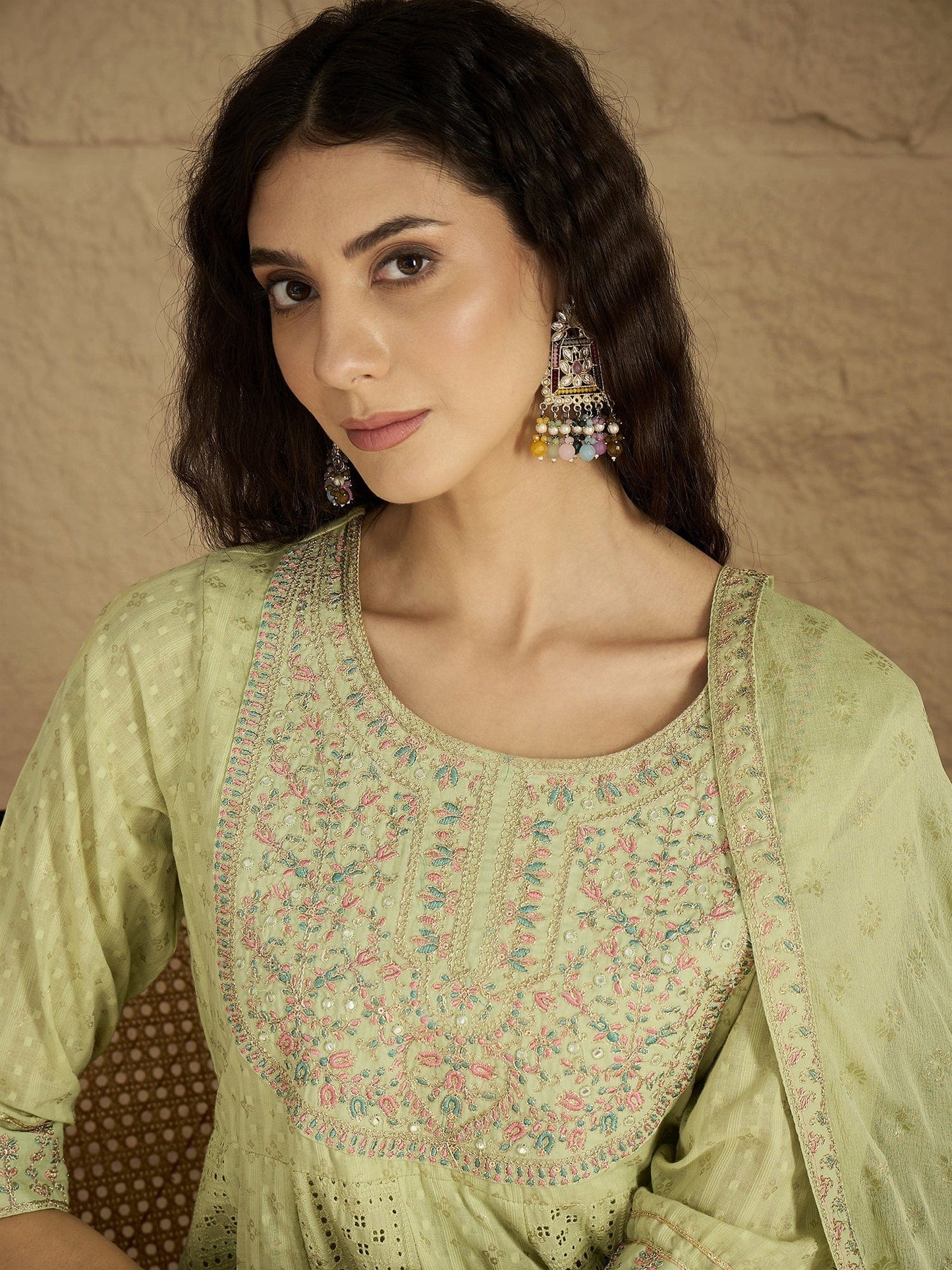 KF Mirror and Thread Embroidered, Zari Embellished Anarkali Kurta With Printed Bottom and Embroidered Dupatta