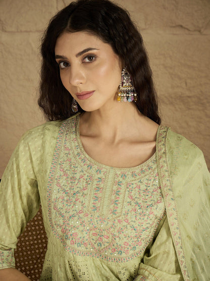 KF Mirror and Thread Embroidered, Zari Embellished Anarkali Kurta With Printed Bottom and Embroidered Dupatta