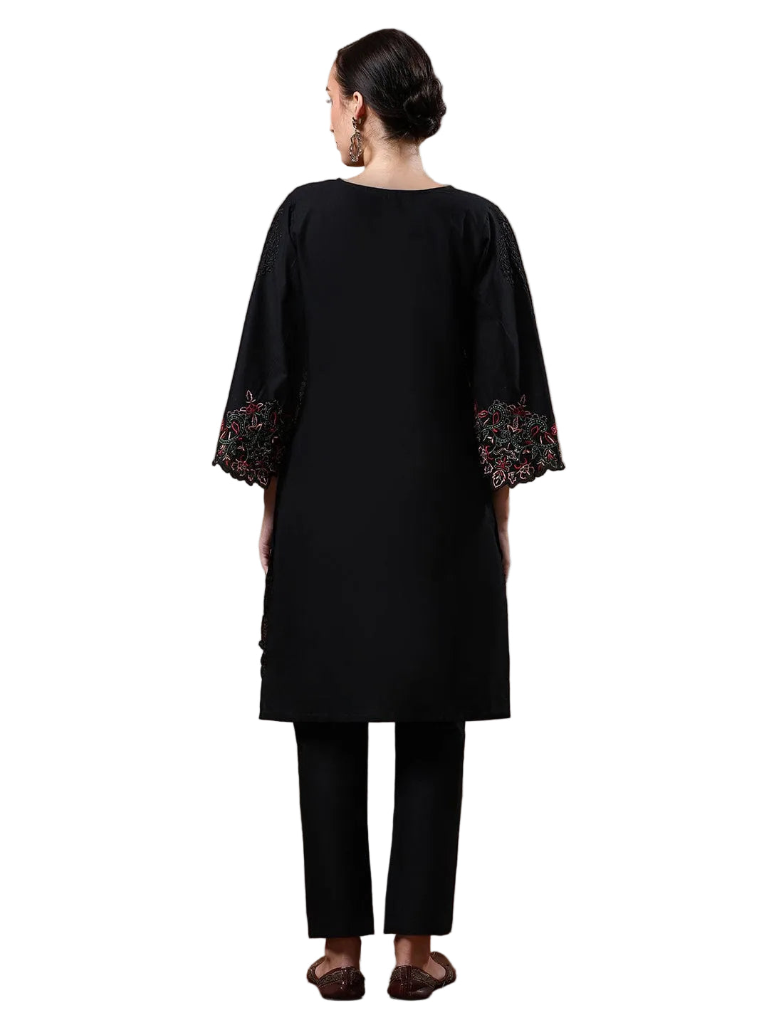 Varanga Women's Black Pure Cotton Embroidered Straight Kurta with Trousers