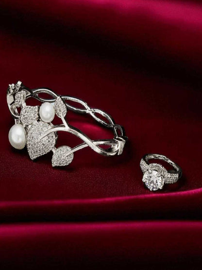 YNF Designer Silver-Plated AD Diamond Kada Bracelet with Matching Antique Ring Set