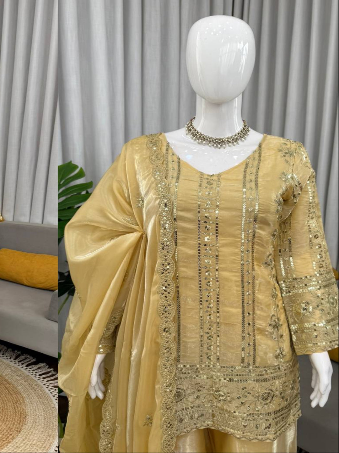 Women’s JMC Silk Thread & Sequence Embroidered Kurta Palazzo Set with Dupatta-RE