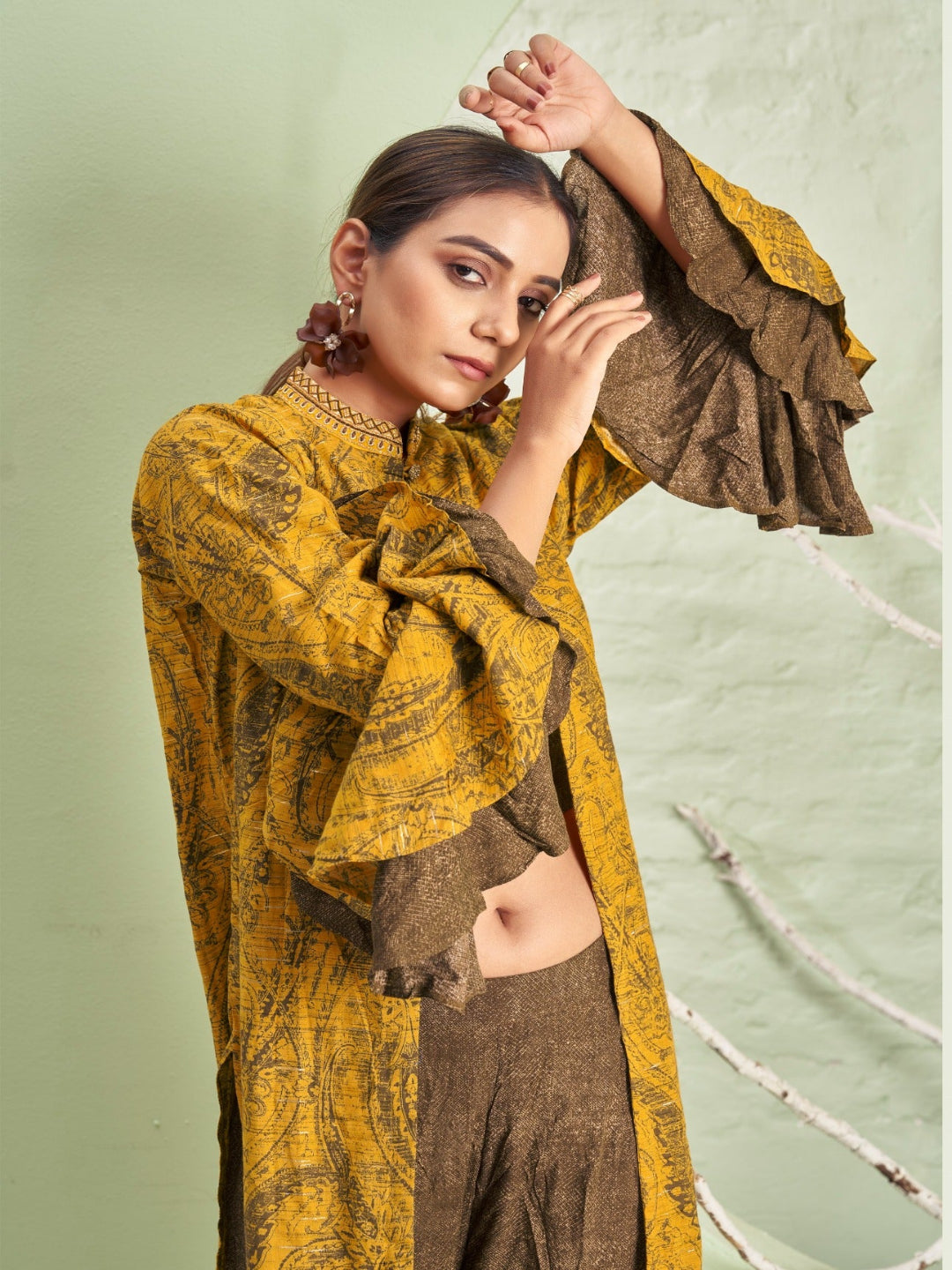 MV Women Floral Print Crop Top with Palazzo & Jacket Co-Ord Set -M-2XL