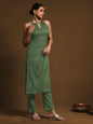 KF Green Poly Crepe Sleeveless Solid Halter Neck Kurta Set