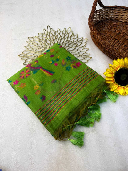 YNF Pure Muga Cotton Meenakari Weaving Saree with Floral Pallu and Contrast Blouse