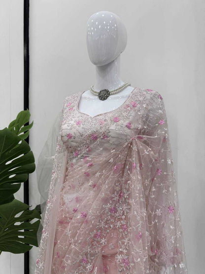YNF Soft Net Saree, Blouse, & Dupatta Set | Thread & Sequin Work