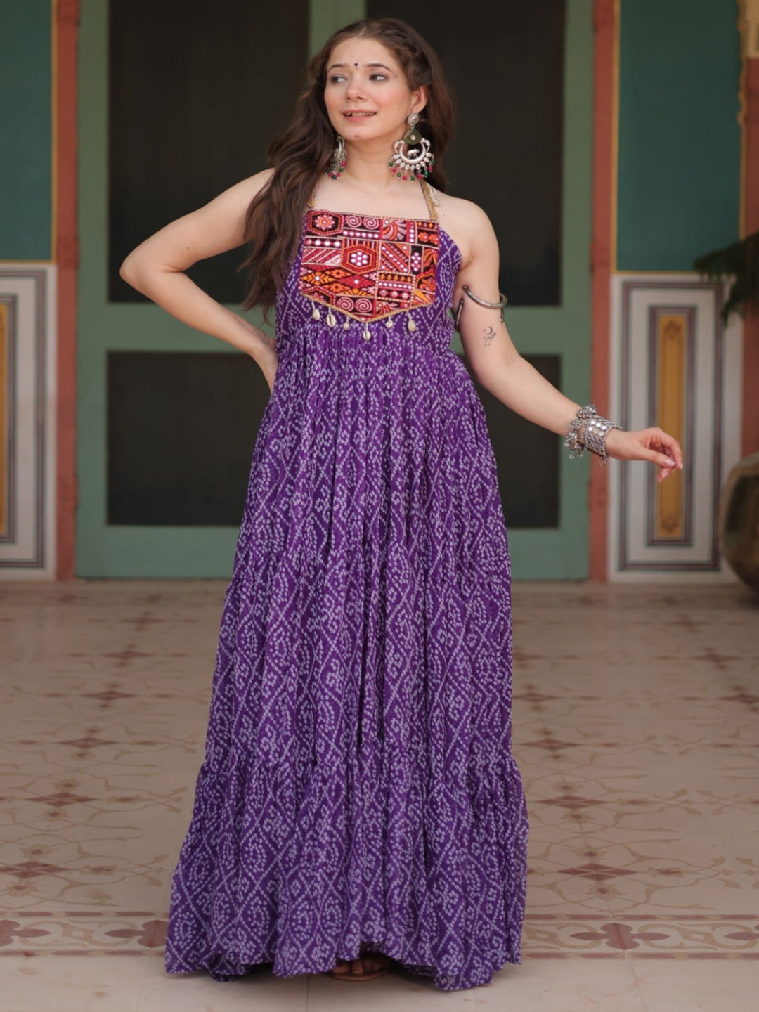 ES Bandhani Printed Sleeveless Gown with kutchi patchework in Faux Georgette.