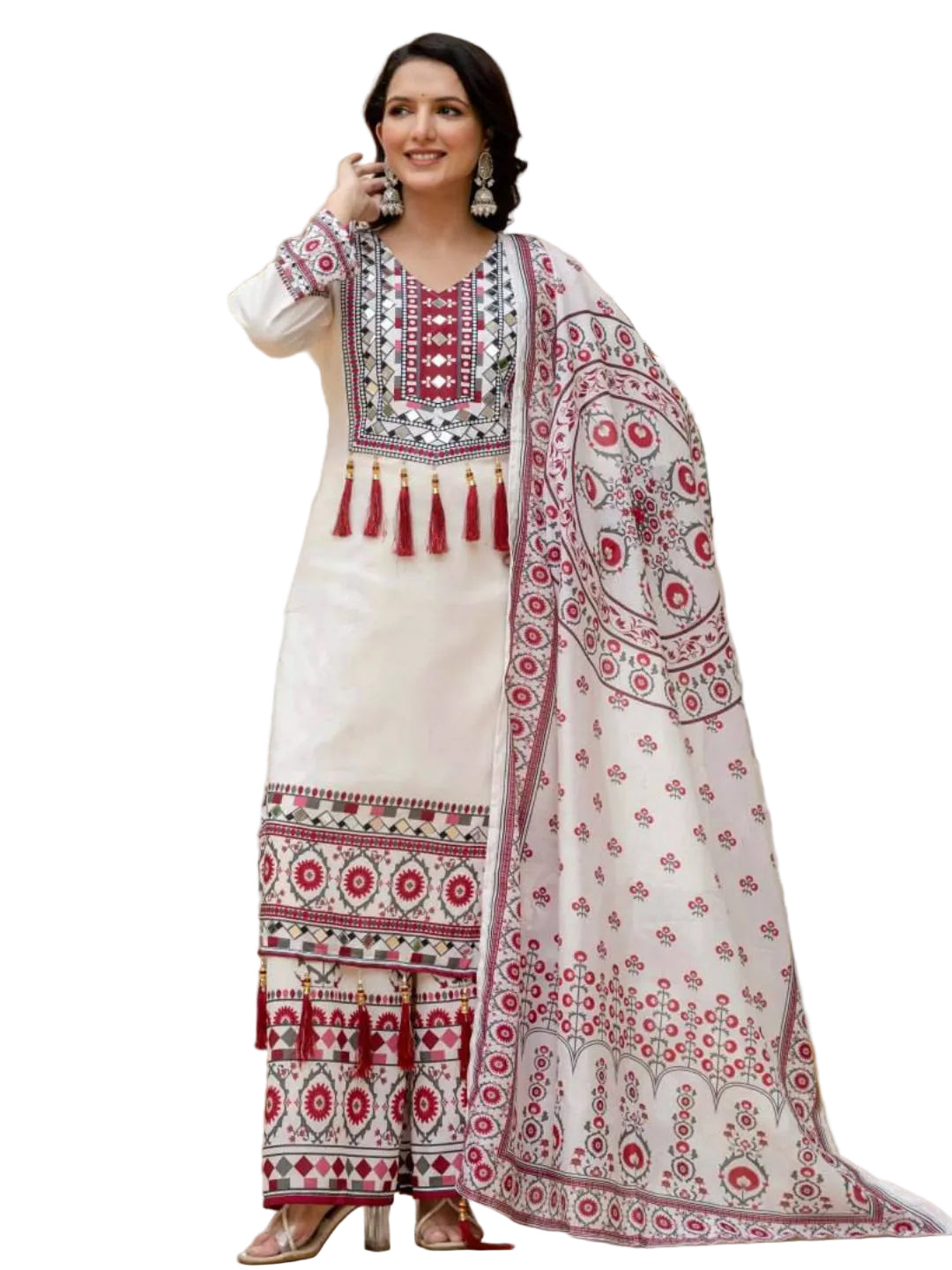 RE Maslin Silk Digital Printed Suit Set with Real Mirror Work and Palazzo (Sizes M-XXL)