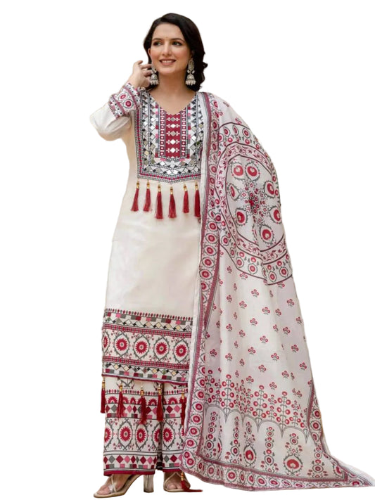 RE Maslin Silk Digital Printed Suit Set with Real Mirror Work and Palazzo (Sizes M-XXL)