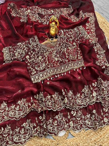 YNF Space Silk Embroidery Work Saree (5.5m) with Fully Stitched Maroon Blouse