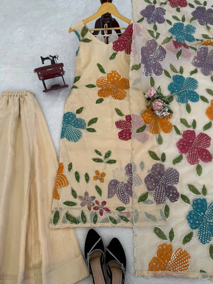 Premium Tibby Organza Silk Brush Print 3-Piece Suit Set with Sequence Work - RE