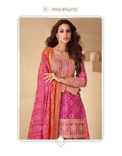 ES New Free-Size Stitched Catalog – Elegant Chinnon Silk Top, Plazzo & Dupatta