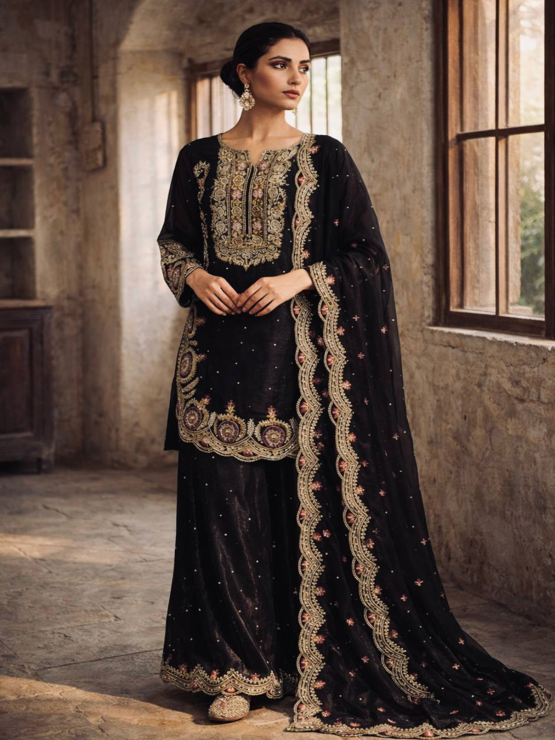 RE Pure GMY Silk Embroidered Top & Plazzo Set with Sequence & Riveted Moti Work