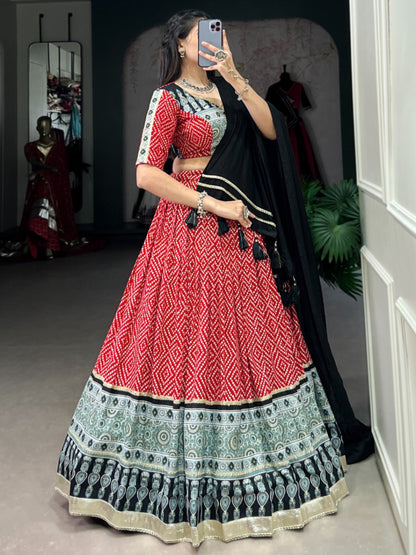 ES Ethnic Rayon Bandhej & Ajarakh Printed Lehenga Set - Stitched
