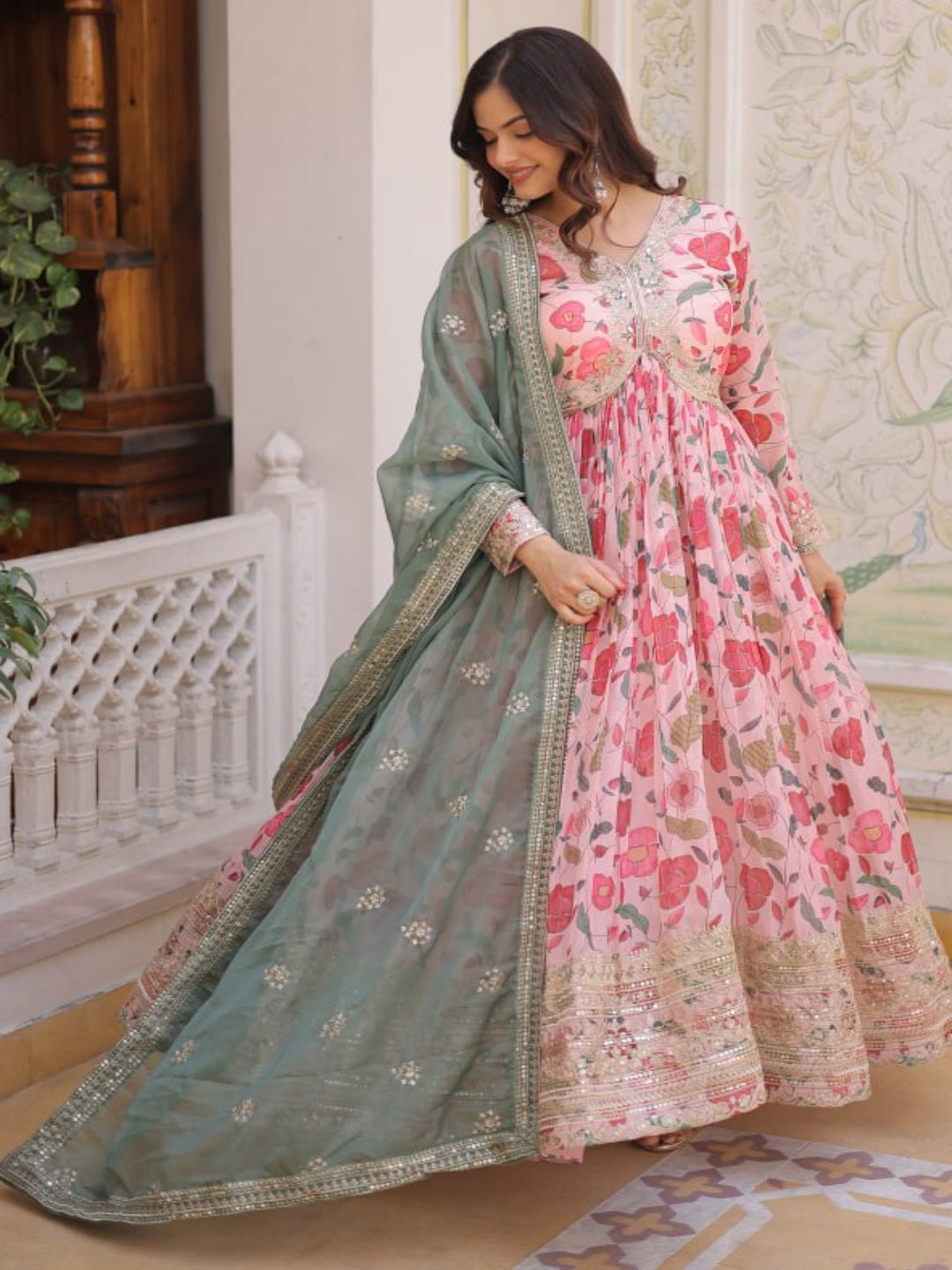 RE Designer Alia Cut Russian Silk Gown with Digital Print & Sequins Work