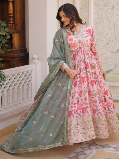 RE Designer Alia Cut Russian Silk Gown with Digital Print & Sequins Work