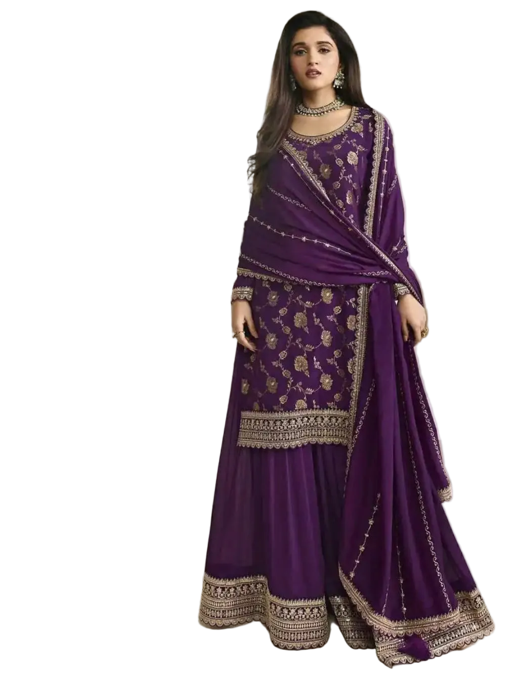 WT Women's Plus Size Heavy Blooming Chinon Jacquard Suit with Embroidered Plazzo