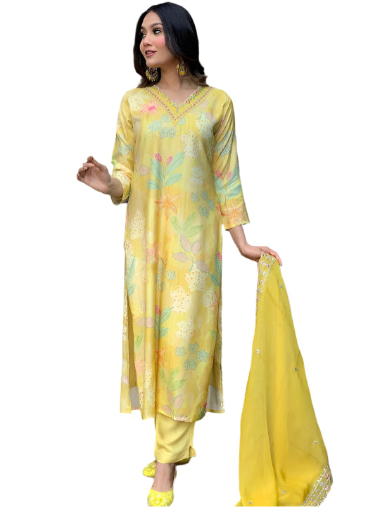 ICF Women Embroidered Georgette Straight Kurta Set with Dupatta