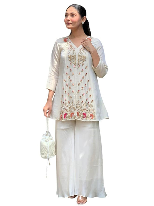 Women's Chanderi Silk Floral Gota Patti Embroidered Kurta Palazzo Set - KE