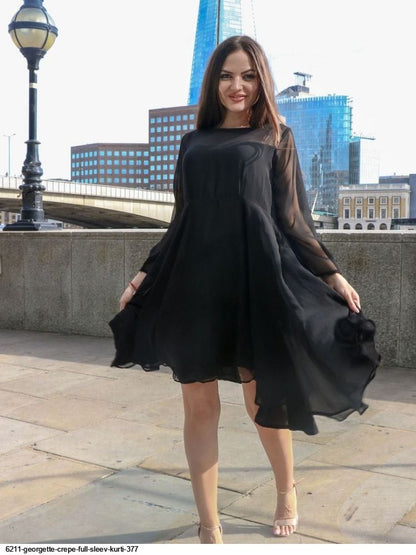 WT Midnight Elegance Black Georgette Chic Boat Neck Full Sleeve Kurti