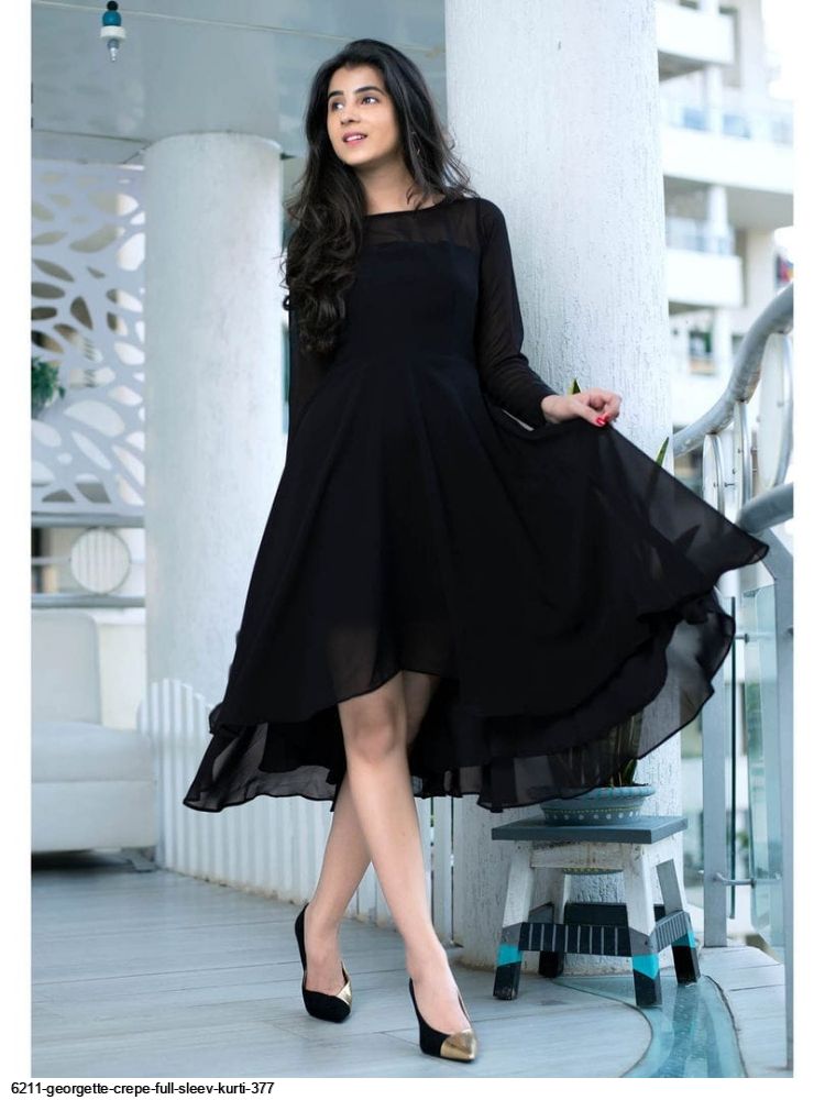 WT Midnight Elegance Black Georgette Chic Boat Neck Full Sleeve Kurti