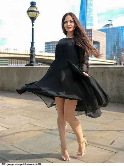 WT Midnight Elegance Black Georgette Chic Boat Neck Full Sleeve Kurti