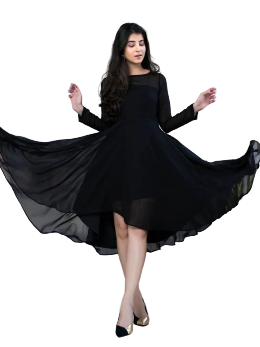 WT Midnight Elegance Black Georgette Chic Boat Neck Full Sleeve Kurti