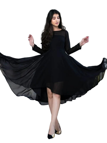 WT Midnight Elegance Black Georgette Chic Boat Neck Full Sleeve Kurti