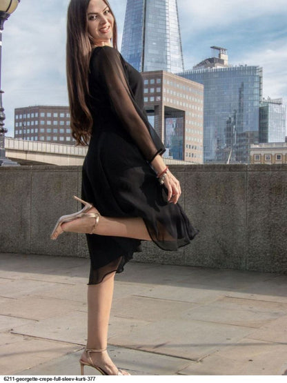 WT Midnight Elegance Black Georgette Chic Boat Neck Full Sleeve Kurti