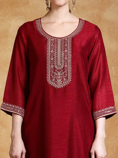 KF Women Zari & Sequin Embroidered Yoke Kurta With Trouser & Dupatta