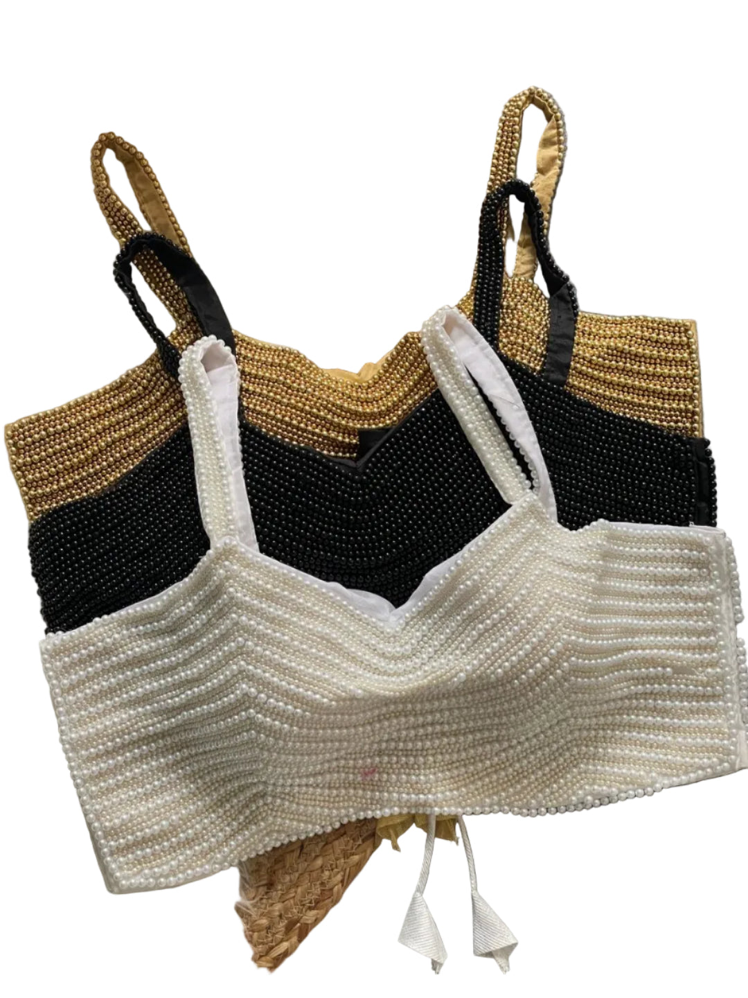 ES Designer Pure Silk Spaghetti Blouse with Handcrafted Pearl (Moti) Work