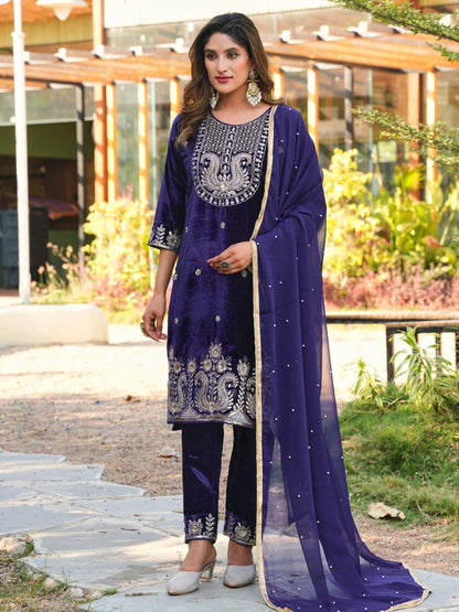 RE Designer 9000 Velvet Embroidered Suit Set with Sequin Work & Pearl Lace Dupatta (M-XXL)