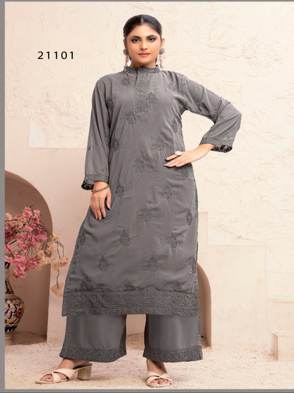 MV Embroidered Fox Georgette Kurti with Heavy Muslin Pants | Stitched Inner Kurta Set