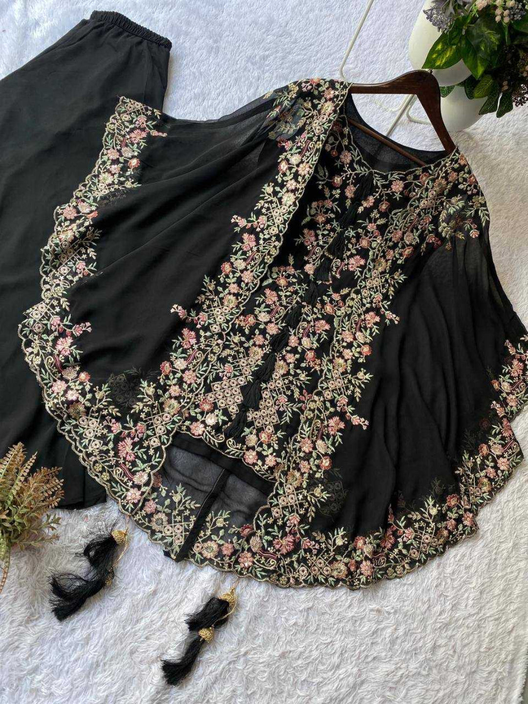 Women's Faux Georgette Sequence Embroidered 3-Piece Shrug, Kurta & Palazzo Set - RE