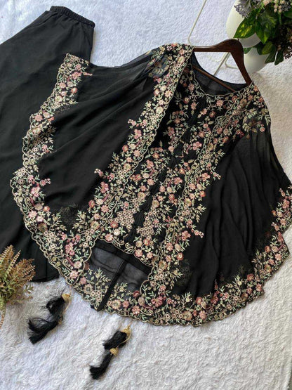 Women's Faux Georgette Sequence Embroidered 3-Piece Shrug, Kurta & Palazzo Set - RE