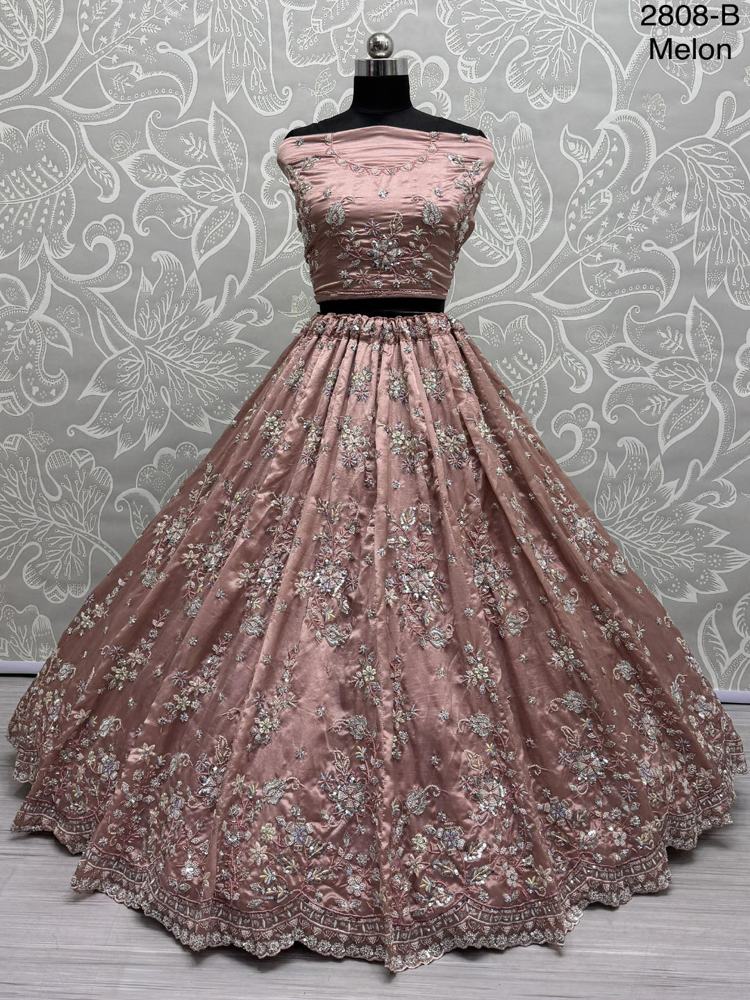ES Gold Crush Pure Fabric Lehenga with Motif & Crystal Pipe Handwork