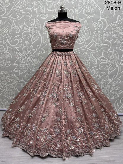 ES Gold Crush Pure Fabric Lehenga with Motif & Crystal Pipe Handwork