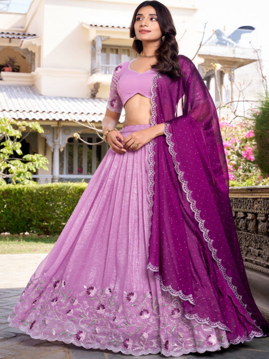 ES Silver Glosy Lehenga, Blouse & Dupatta With Sequins and Thread Embroidery Work