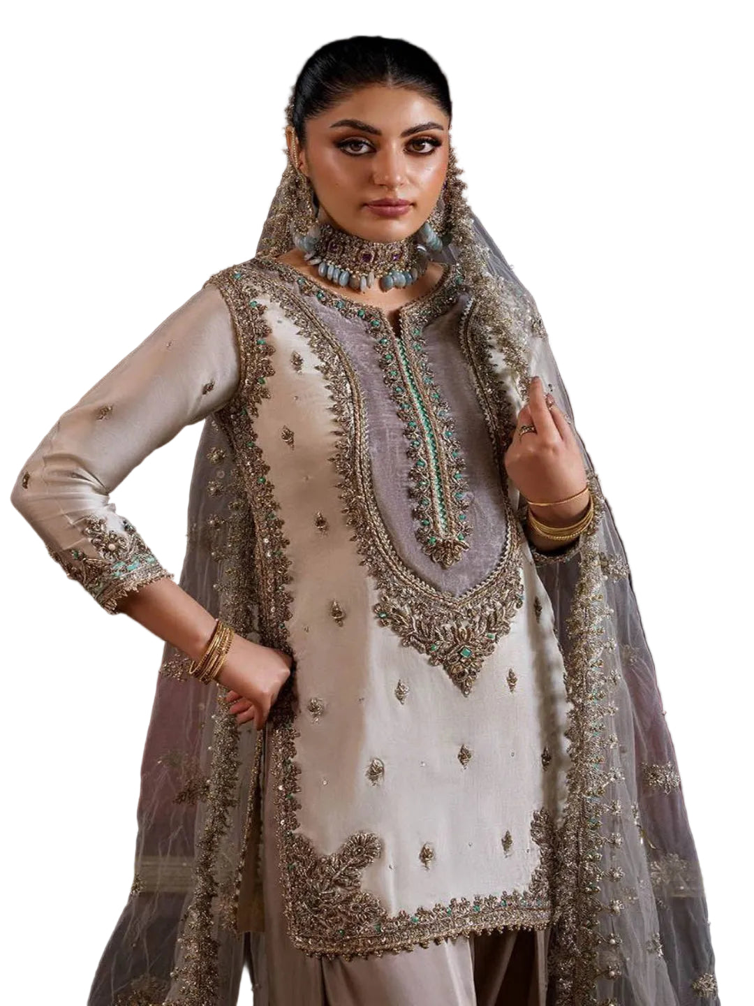 RE Crape Silk Sequence Embroidered Suit Set with Butterfly Net Dupatta