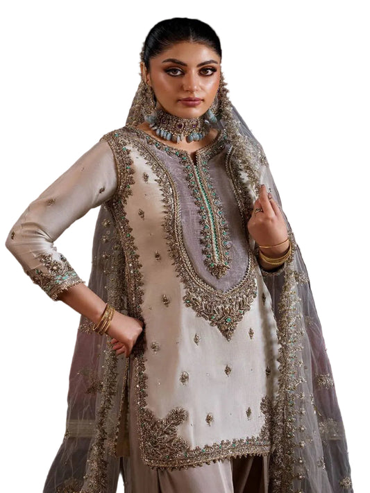 RE Crape Silk Sequence Embroidered Suit Set with Butterfly Net Dupatta