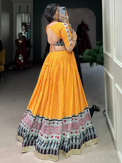 ES Ethnic Rayon Bandhej & Ajarakh Printed Lehenga Set - Stitched