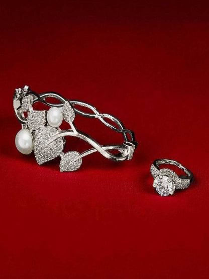 YNF Designer Silver-Plated AD Diamond Kada Bracelet with Matching Antique Ring Set