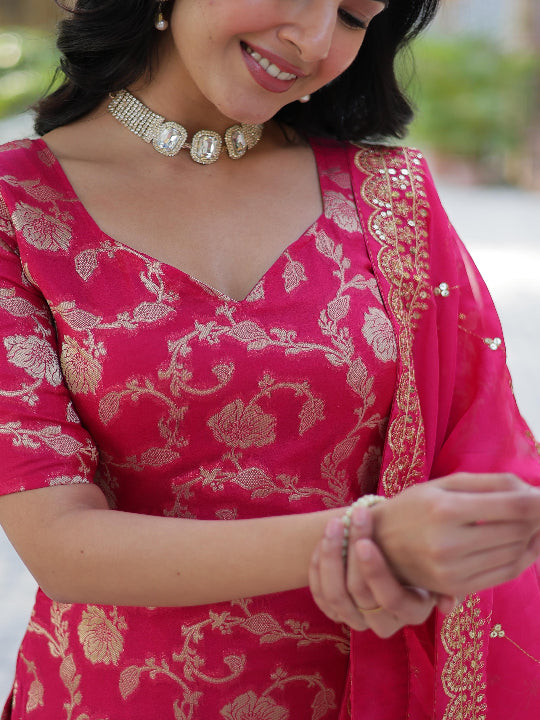 ES Georgette Jacquard Top, Gharara, and Dupatta with Sequins Embroidery and Lace Border