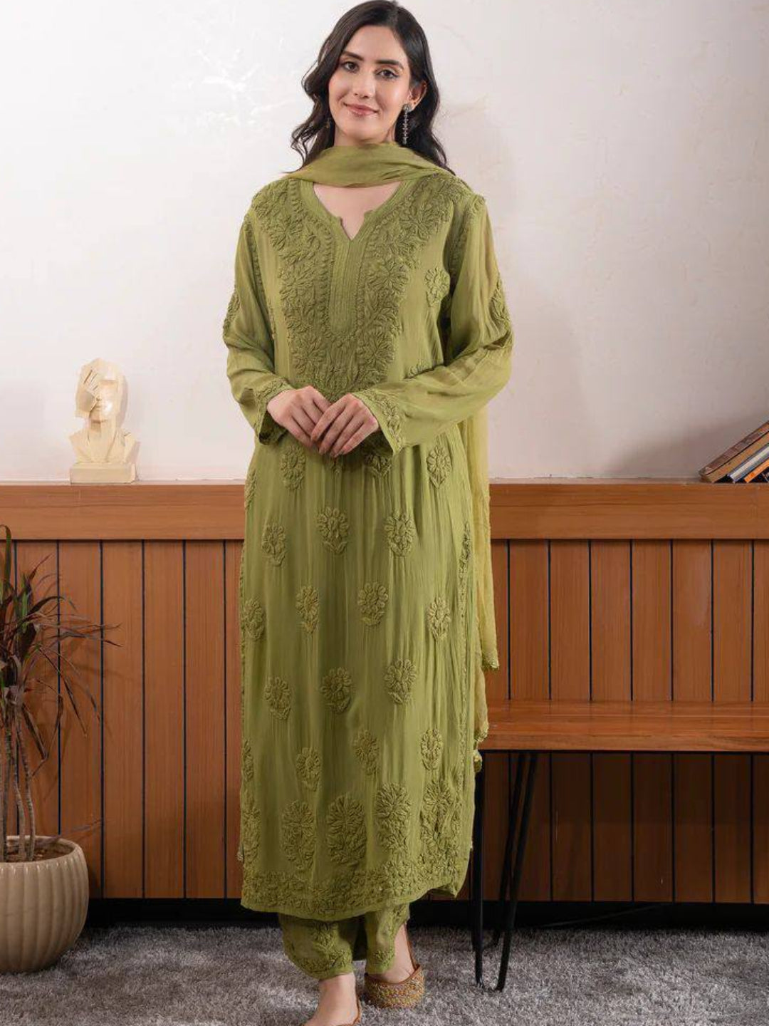 RE Designer Embroidered Georgette Kurti Palazzo Set with Lace Dupatta