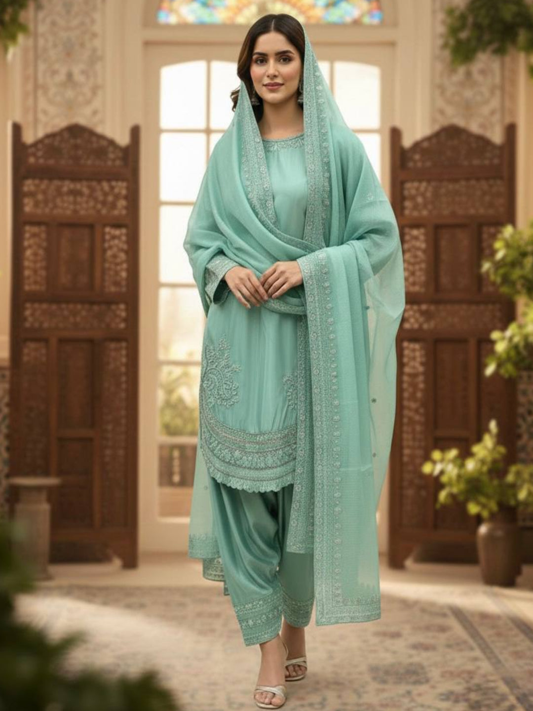 RE Natural Crepe Farshi Palazzo Suit with 3mm Sequence & Cutwork