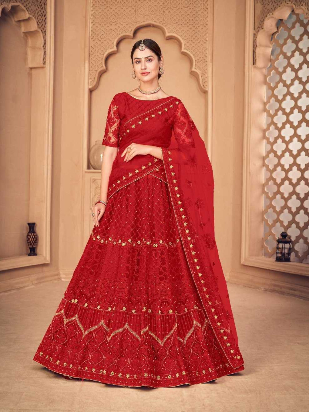 YNF Regal Red Net Lehenga Choli Set with Heavy Pearl & Embroidery Work