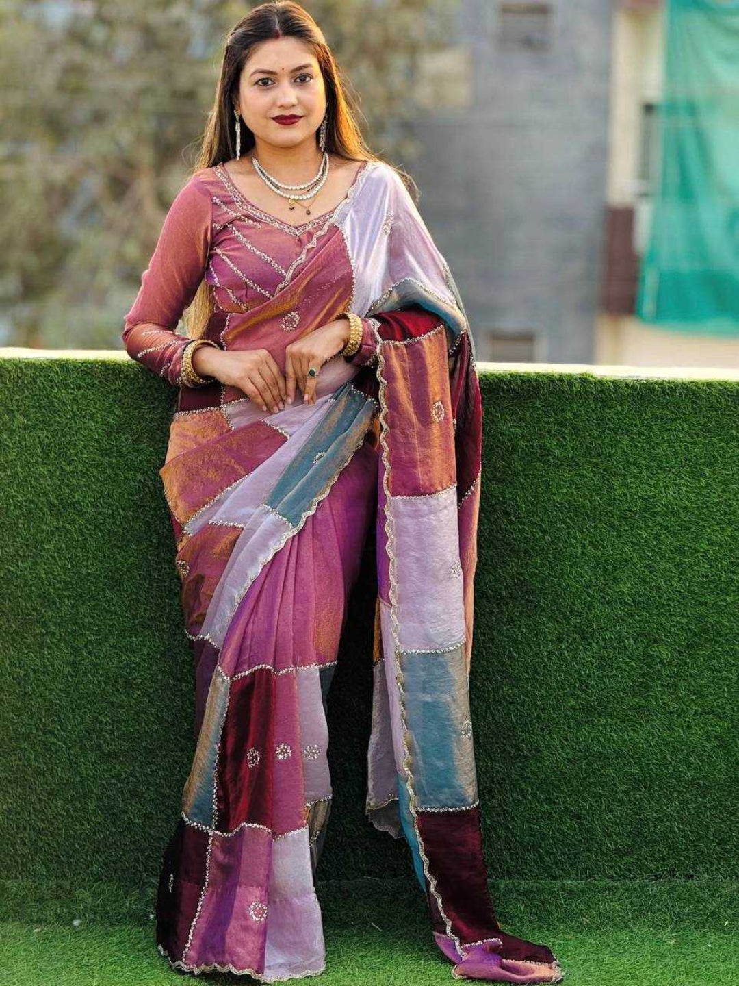 Women's Soft Space Silk Multi-Print Saree with Katdana Handwork Border and Heavy Work Blouse-RE