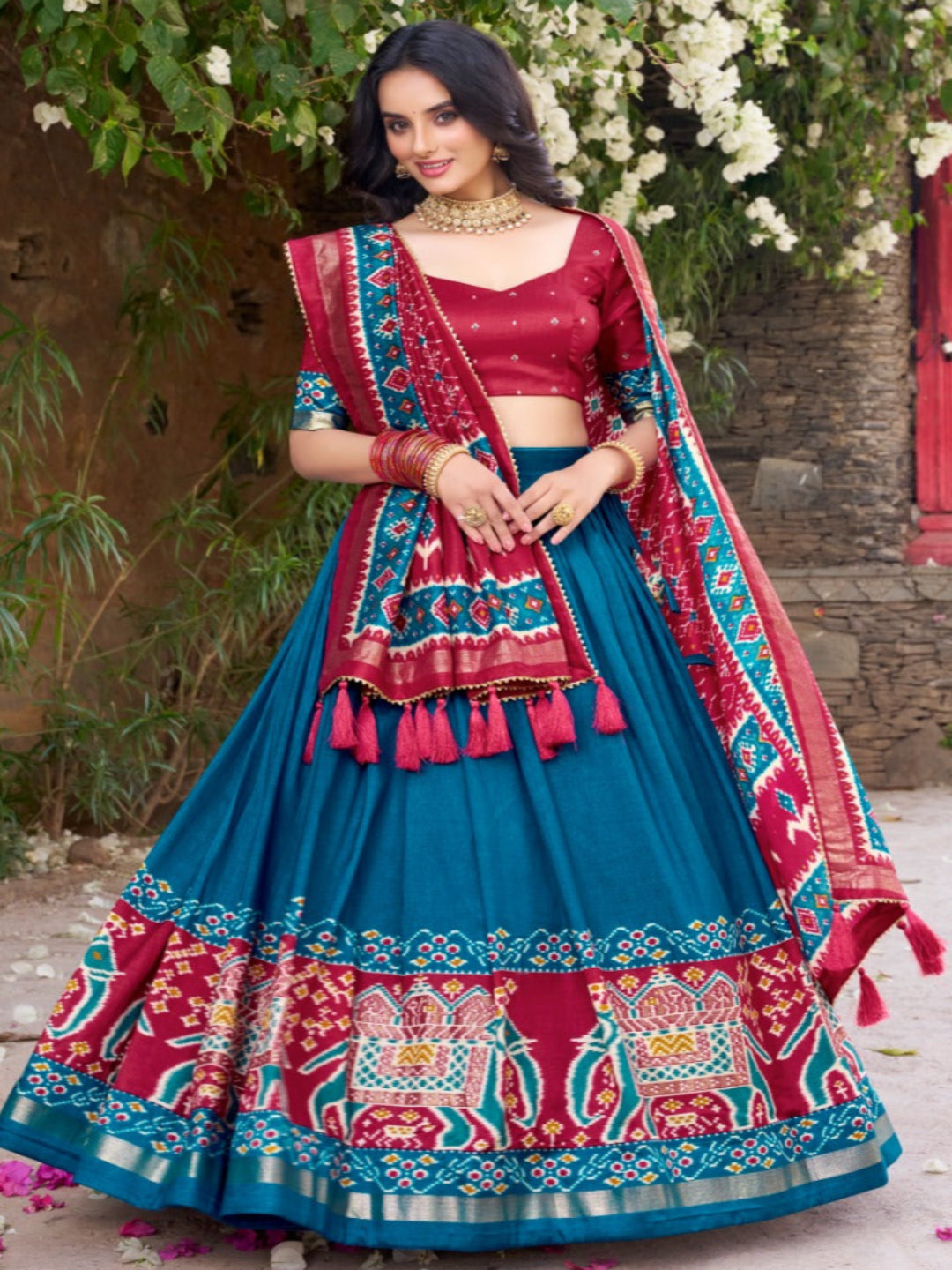 ES Tussar Silk (Stitched) Lehenga, Blouse & Dupatta